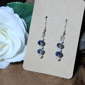 Hand Crafted Dangle Earrings With AB Blue & White Crystals And Silver Tone Beads